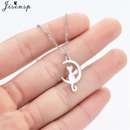 Stainless Steel Origami Cat Necklaces Lovely Animal Kitten Jewelry Cat on the Moon Pendant Necklace Women Bijoux Collane