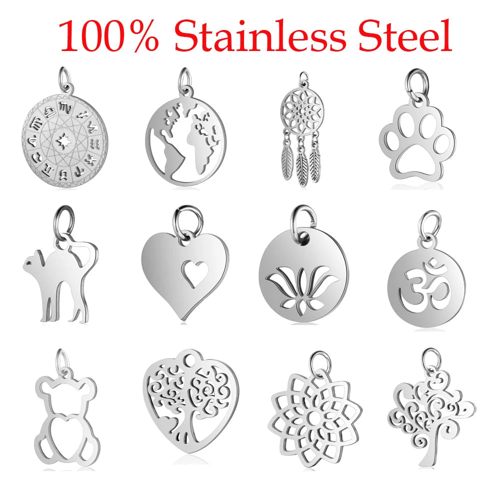 5pcs/lot 316 Stainless Steel Dog Paw Cat Animal Charm Wholesale Sun Om Connector Yoga Lotus Heart DIY