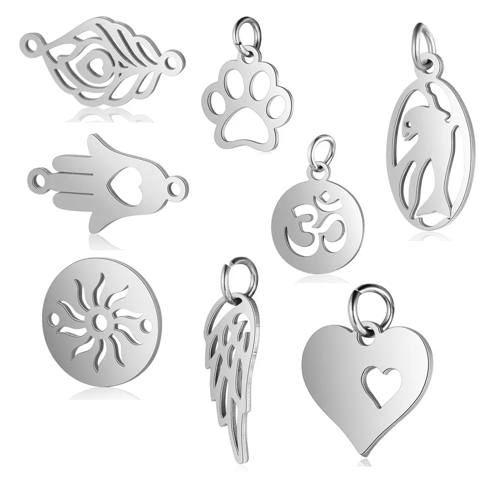 5pcs/lot 316 Stainless Steel Dog Paw Cat Animal Charm Wholesale Sun Om Connector Yoga Lotus Heart DIY