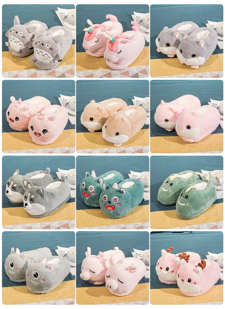 Cartoon Warm Winter Slippers Kawaii Hamster Unicorn Plush Shoes Soft Sole Flat Home Cotton Shoes Girl Women Floor Mute Non-slip