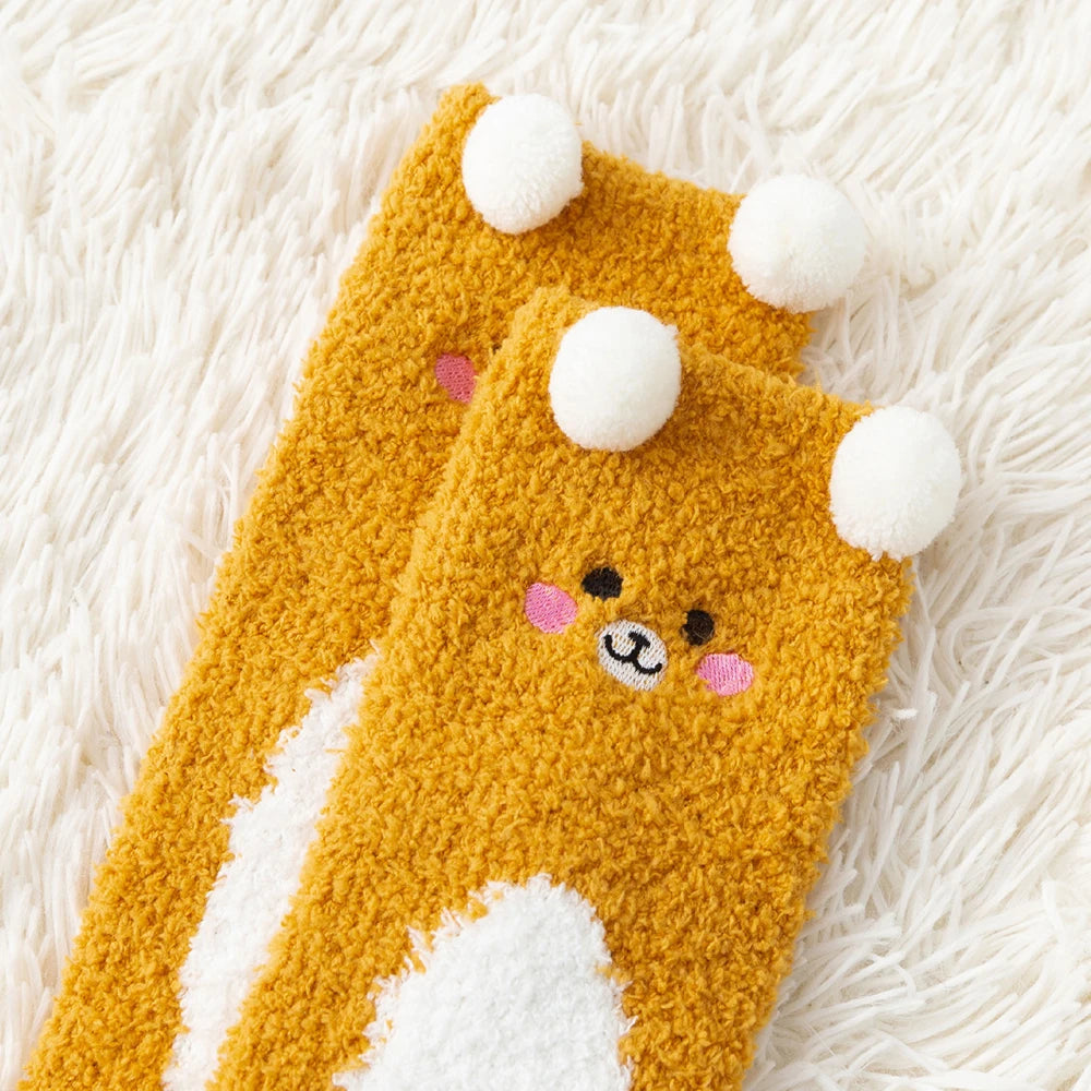 Women Cute Cartoon Animal Fuzzy Socks Winter Warm Fleece Kawaii Panda Bear Cat Mouse Casual Fashion Home Floor Sleep Fluffy Sock