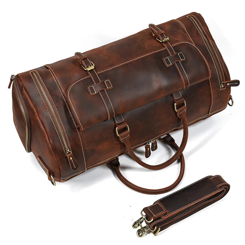 Luufan Genuine Leather Men's Travel Bag With Shoe Pocket Retro Crazy Horse Leather Big Capacity Luggag Bag Business Trip Handbag