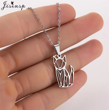 Stainless Steel Origami Cat Necklaces Lovely Animal Kitten Jewelry Cat on the Moon Pendant Necklace Women Bijoux Collane