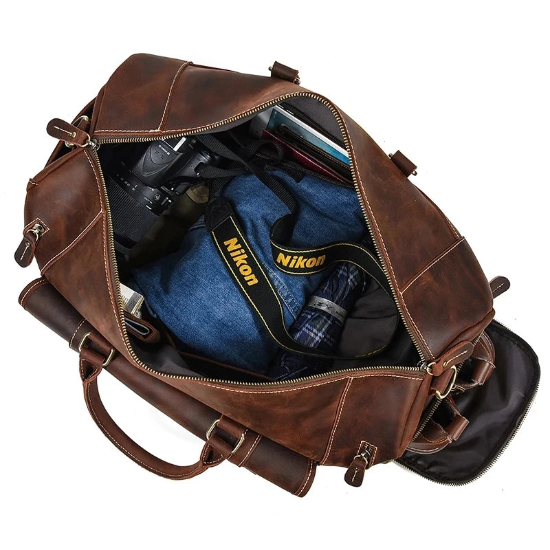 Luufan Genuine Leather Men's Travel Bag With Shoe Pocket Retro Crazy Horse Leather Big Capacity Luggag Bag Business Trip Handbag