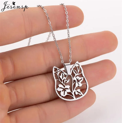 Stainless Steel Origami Cat Necklaces Lovely Animal Kitten Jewelry Cat on the Moon Pendant Necklace Women Bijoux Collane