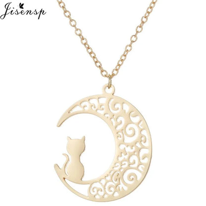 Stainless Steel Origami Cat Necklaces Lovely Animal Kitten Jewelry Cat on the Moon Pendant Necklace Women Bijoux Collane