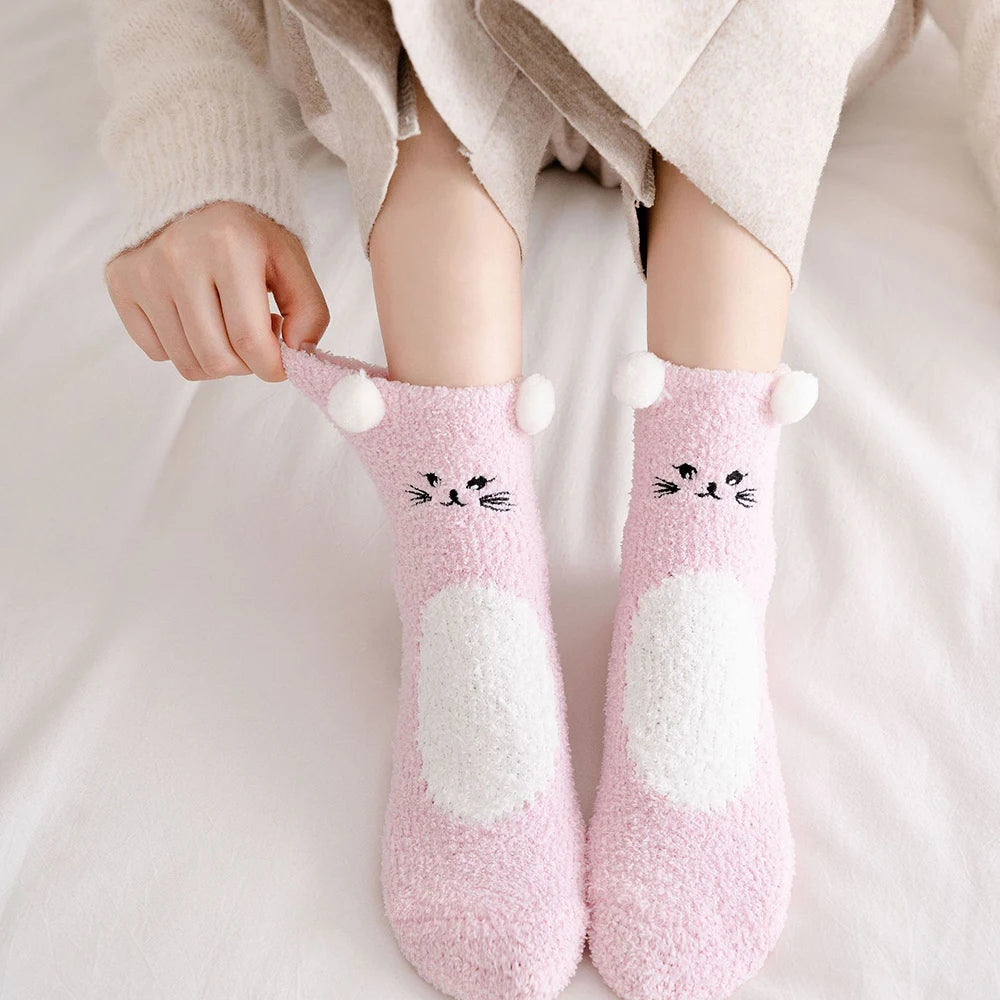 Women Cute Cartoon Animal Fuzzy Socks Winter Warm Fleece Kawaii Panda Bear Cat Mouse Casual Fashion Home Floor Sleep Fluffy Sock