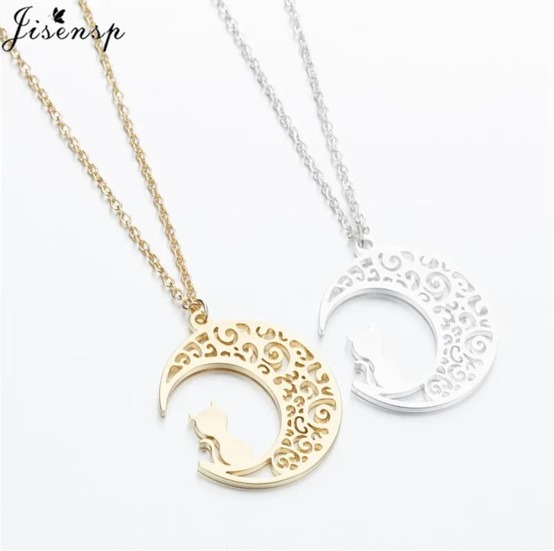 Stainless Steel Origami Cat Necklaces Lovely Animal Kitten Jewelry Cat on the Moon Pendant Necklace Women Bijoux Collane