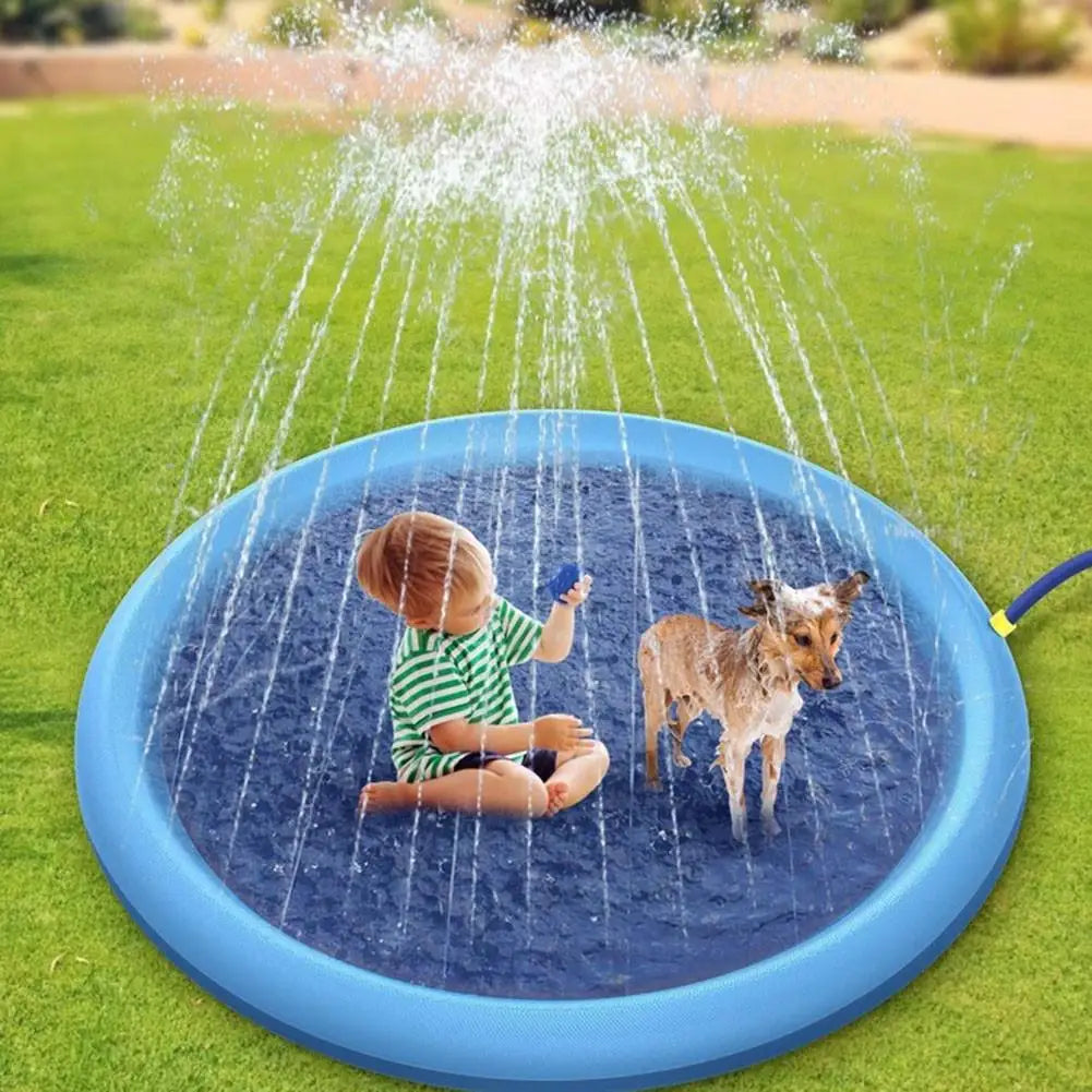 150/170cm 夏用犬用スイミングマット インフレータブルウォータースプレーバスタブ 屋外インタラクティブ噴水 犬・猫・子供用おもちゃ