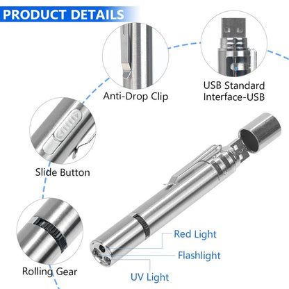 4mW 三合一貓用 LED 追逐玩具紅色雷射筆 USB 充電白色手電筒筆寵物玩具紫外線手電筒 5 種模式