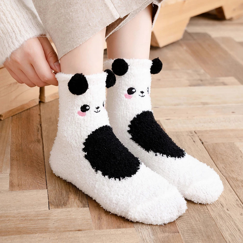 Women Cute Cartoon Animal Fuzzy Socks Winter Warm Fleece Kawaii Panda Bear Cat Mouse Casual Fashion Home Floor Sleep Fluffy Sock