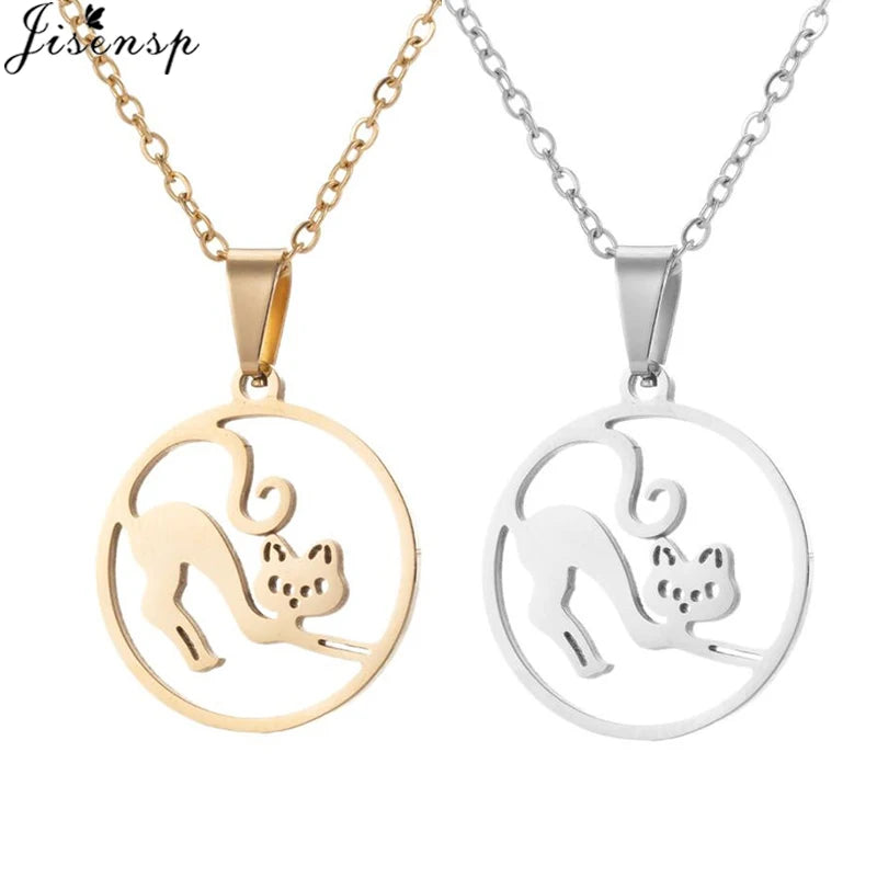 Stainless Steel Origami Cat Necklaces Lovely Animal Kitten Jewelry Cat on the Moon Pendant Necklace Women Bijoux Collane