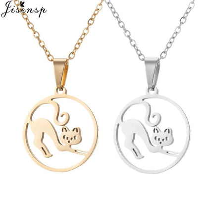 Stainless Steel Origami Cat Necklaces Lovely Animal Kitten Jewelry Cat on the Moon Pendant Necklace Women Bijoux Collane