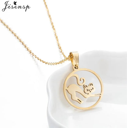Stainless Steel Origami Cat Necklaces Lovely Animal Kitten Jewelry Cat on the Moon Pendant Necklace Women Bijoux Collane