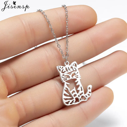 Stainless Steel Origami Cat Necklaces Lovely Animal Kitten Jewelry Cat on the Moon Pendant Necklace Women Bijoux Collane
