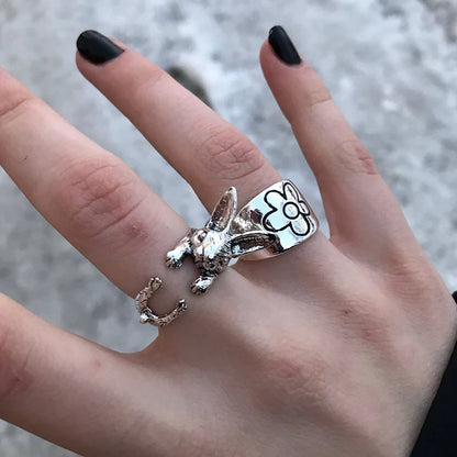 Cute Fortune Cat Shape Opening Rings For Women Silver Color Vintage Frog Toad Animal Delicate Finger Ring Girl Fashion Jewelry