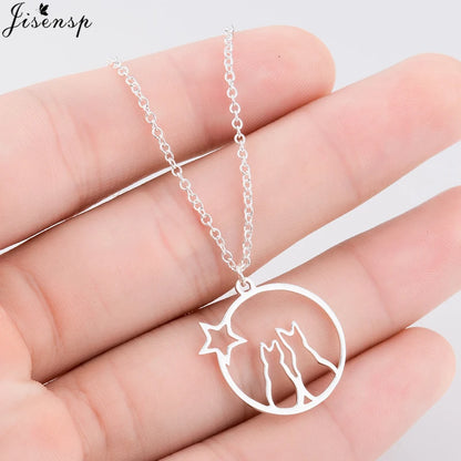 Stainless Steel Origami Cat Necklaces Lovely Animal Kitten Jewelry Cat on the Moon Pendant Necklace Women Bijoux Collane