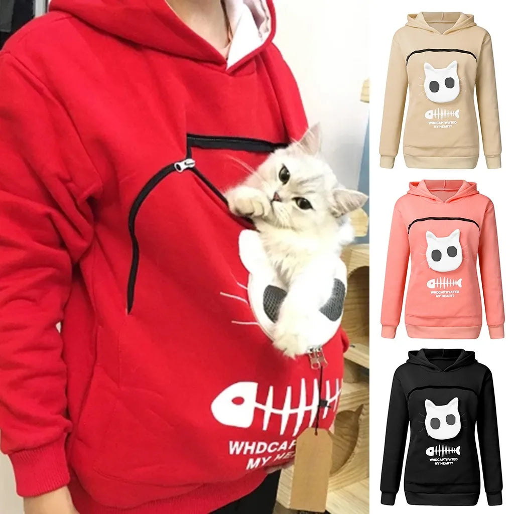 Winter Hoodies Sweatshirt Man Women Animal Pouch Hood Pullover Blouse Tops Lady Carry Dog Cat Breathable Sweatshirts