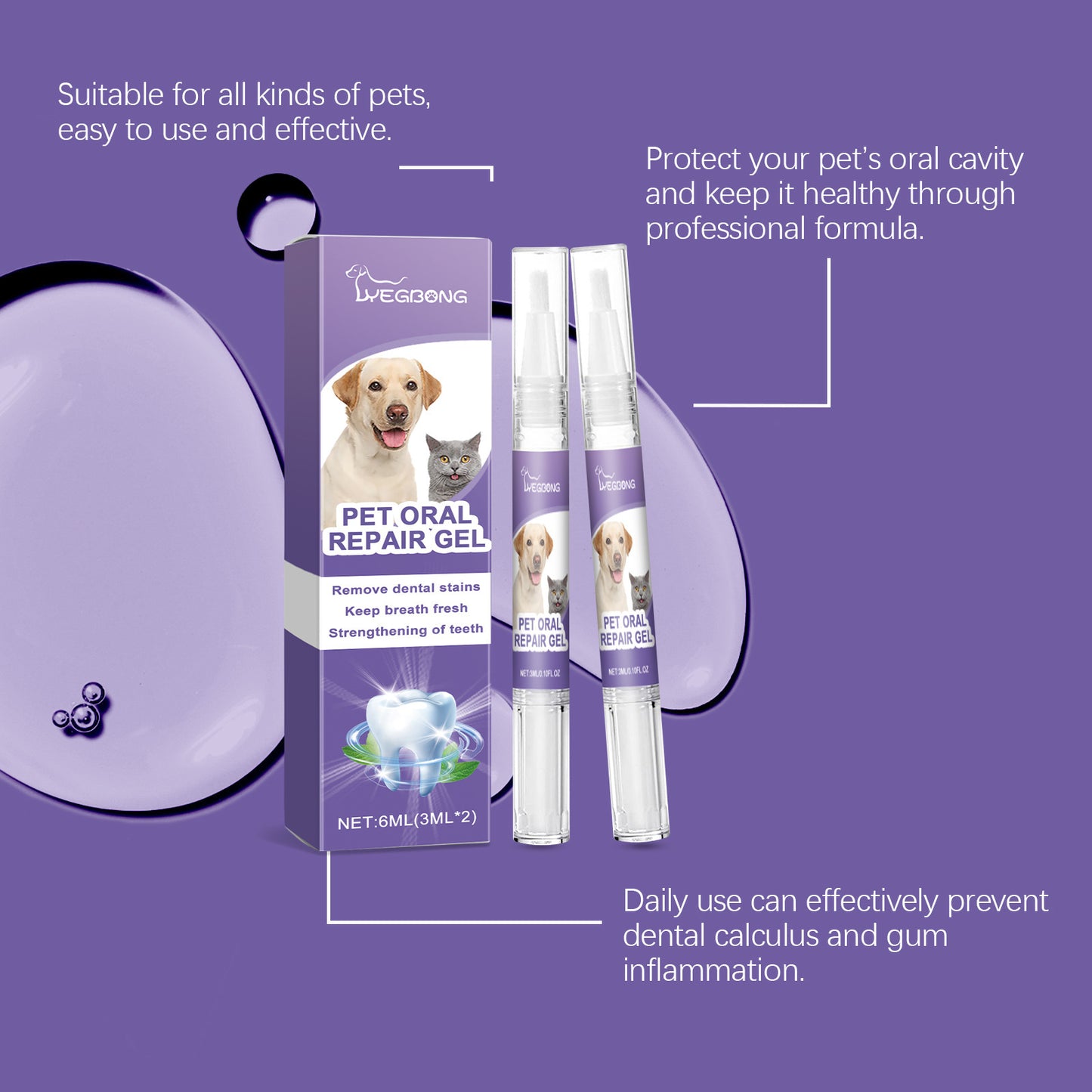 2pcs 3ml Pet Teeth Cleaning Gel Fresh Breath Tooth Whitening Toothbrush Tartar Removal Oral Care Teeth Repairing Dog Dental Pen