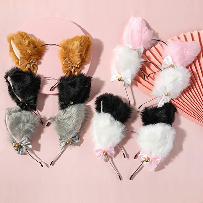 Cat Ear Bow Headband Necklace Cat Claw Gloves Cosplay Plush Bell Hairband Women Girl Masquerade Party Headwear Hair Accessories