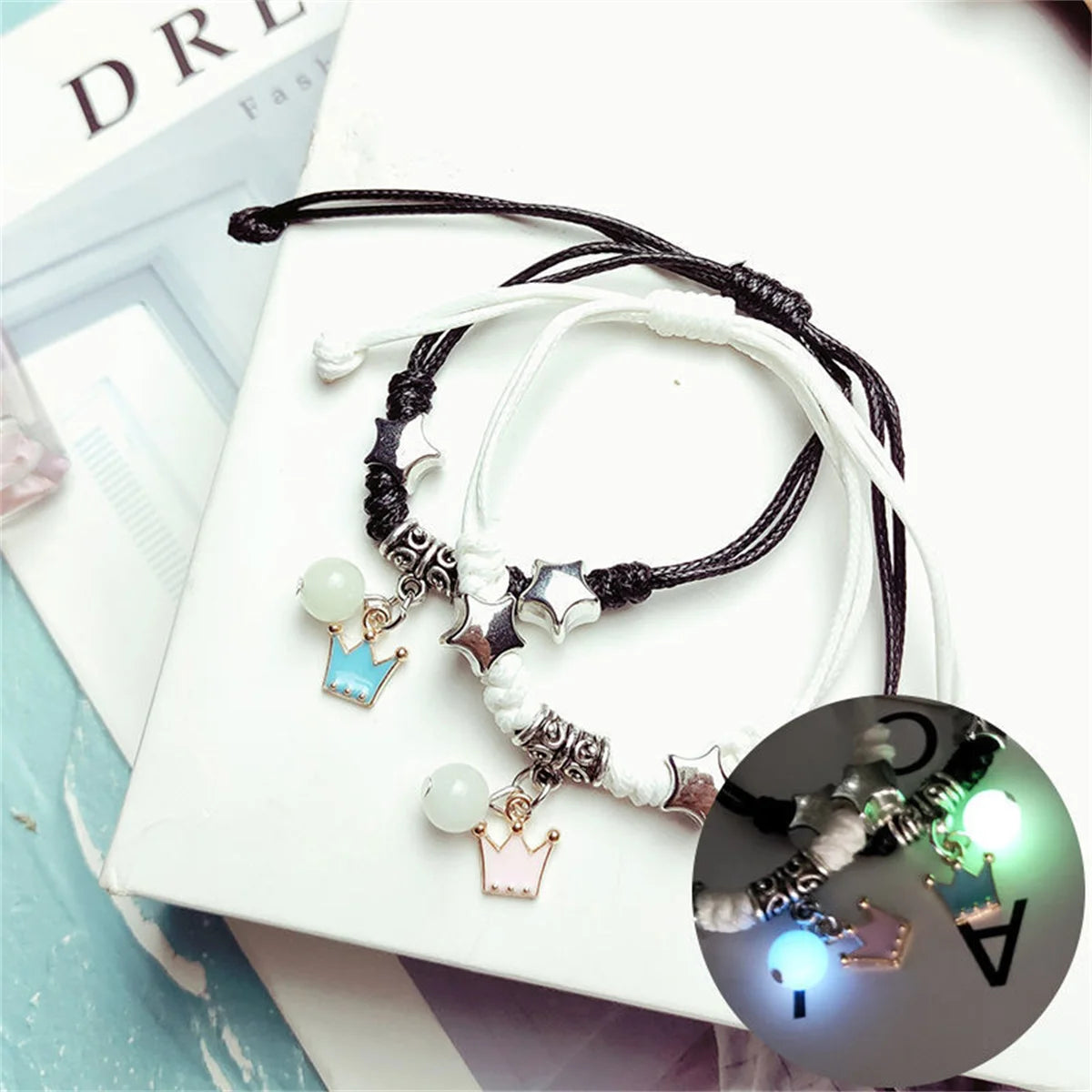 Fashion Luminous Beads Star Couple Bracelet For Women Men Charm Cat Flower Heart Key Lock Cross Matching Friend Bracelet