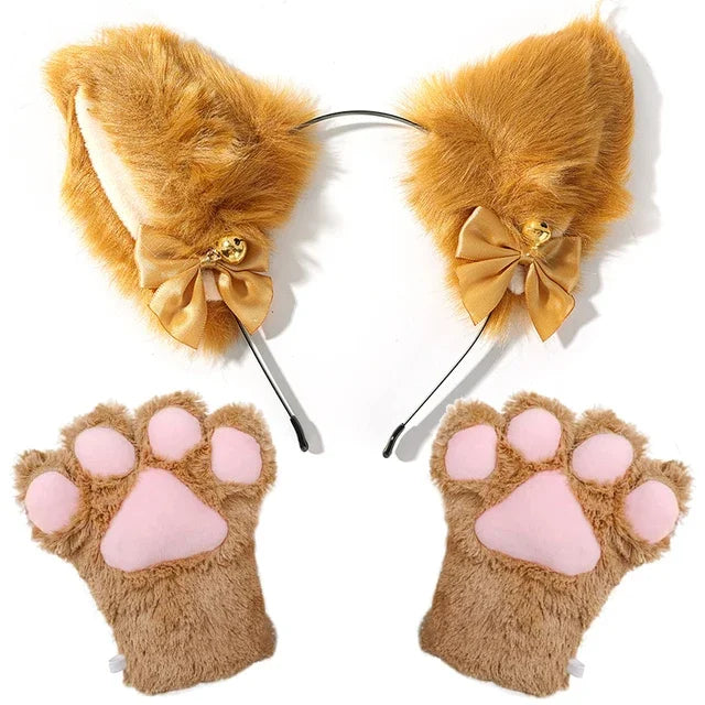 Cat Ear Bow Headband Necklace Cat Claw Gloves Cosplay Plush Bell Hairband Women Girl Masquerade Party Headwear Hair Accessories