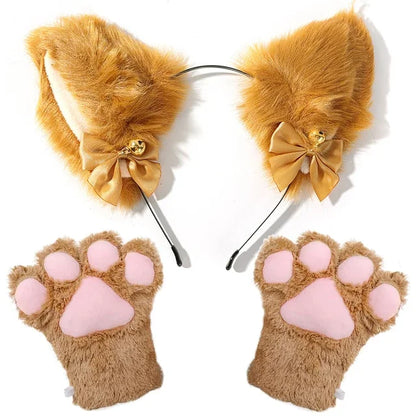 Cat Ear Bow Headband Necklace Cat Claw Gloves Cosplay Plush Bell Hairband Women Girl Masquerade Party Headwear Hair Accessories