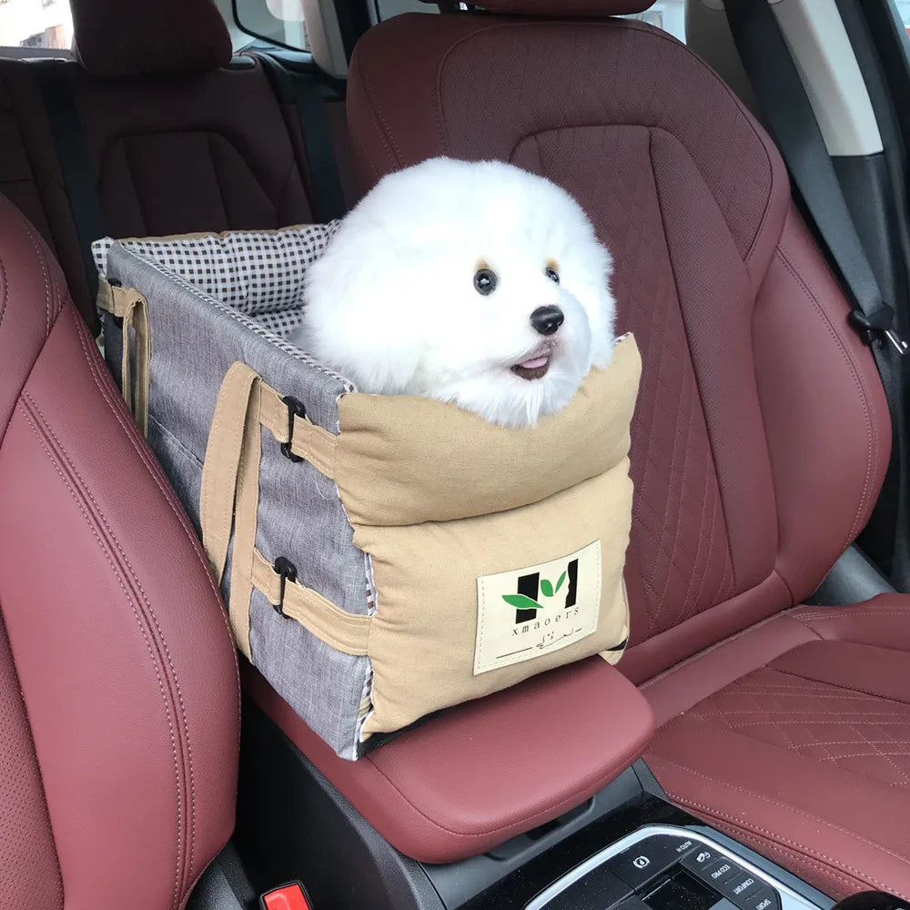狗狗汽車安全座椅貓咪提籃-狗狗汽車安全座椅安裝在汽車扶手旅行袋上，適用於貓狗，配有背帶狗狗汽車控制台提籃