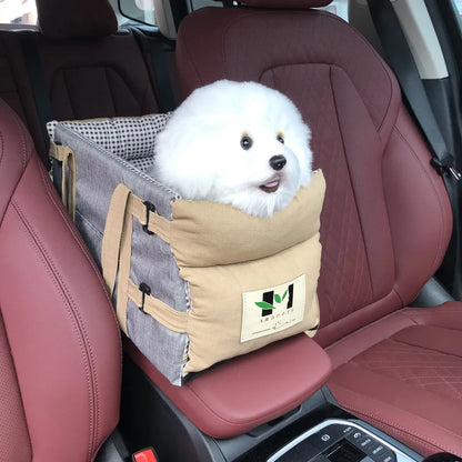 狗狗汽車安全座椅貓咪提籃-狗狗汽車安全座椅安裝在汽車扶手旅行袋上，適用於貓狗，配有背帶狗狗汽車控制台提籃