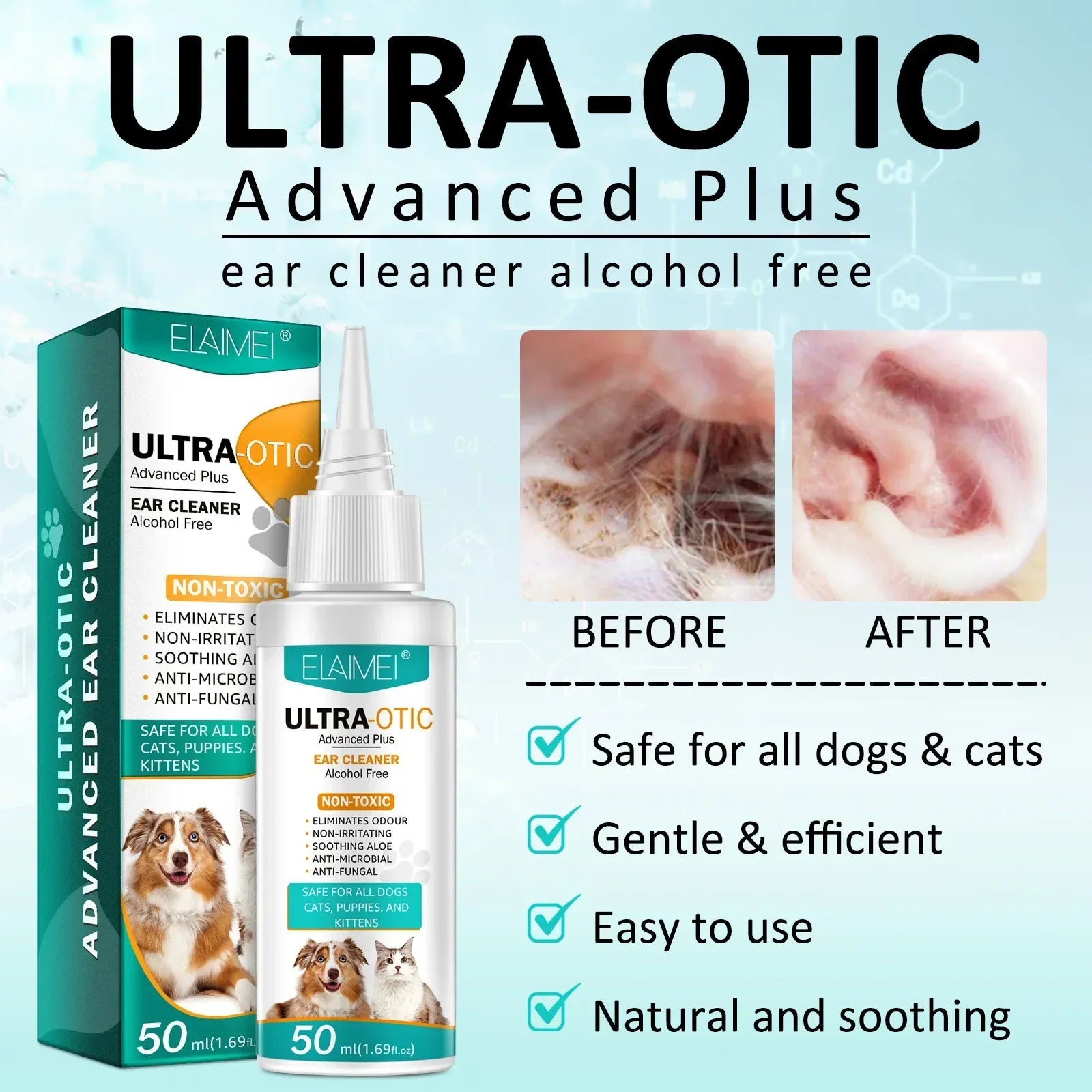 50ml Cat Dog Ear Cleaner Ear Wax Remover Pet Ear Cleaner Non-irritating Ear Cleansing Solution Ear Wash Pet Supplies For ELAIMEI