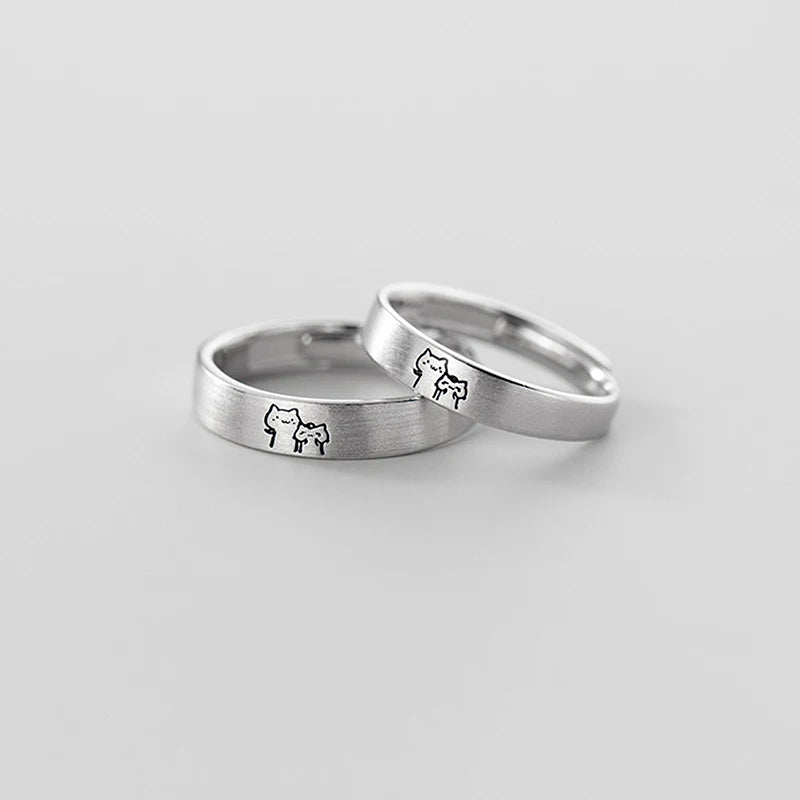 1Pair Couple Rings Cute Kitten Sliver Open Ring For Women Men Adjustable Finger Rings Romantic Lovers Anniversary Jewelry Gift