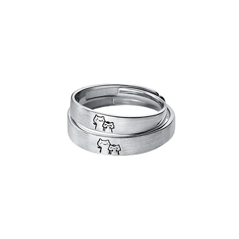 1Pair Couple Rings Cute Kitten Sliver Open Ring For Women Men Adjustable Finger Rings Romantic Lovers Anniversary Jewelry Gift