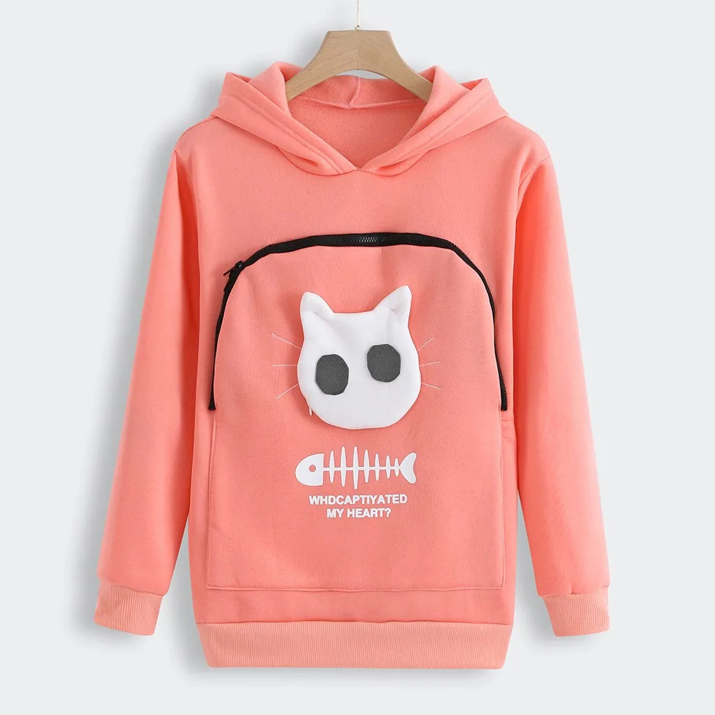 Winter Hoodies Sweatshirt Man Women Animal Pouch Hood Pullover Blouse Tops Lady Carry Dog Cat Breathable Sweatshirts