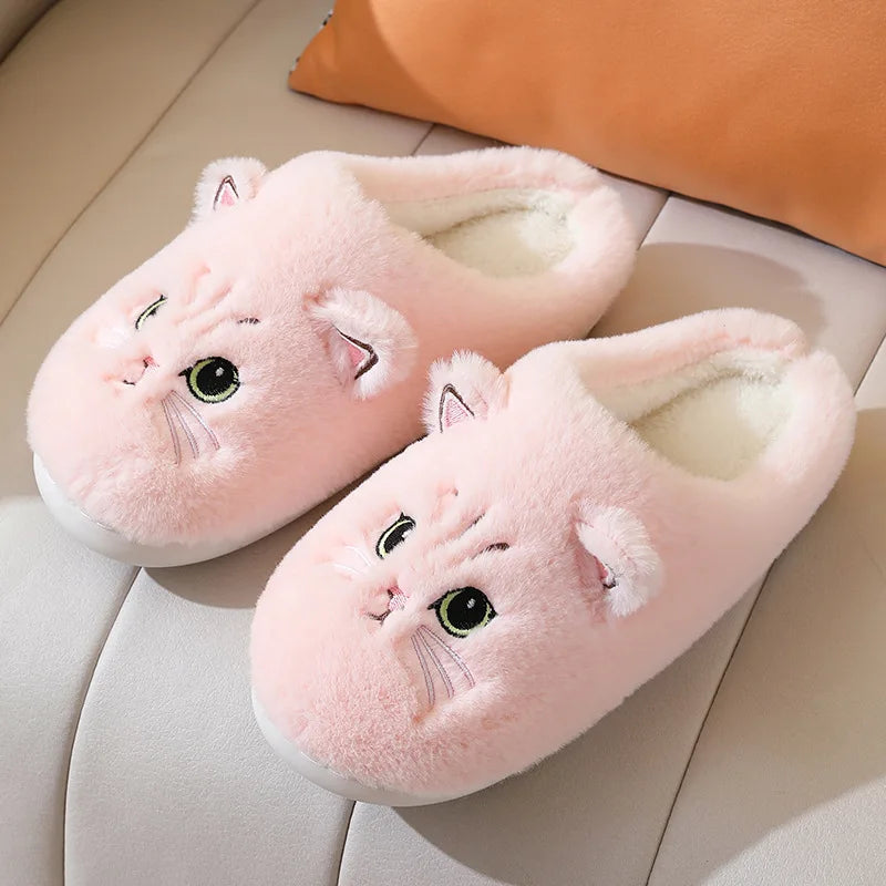 Winter Home Slippers Women Shoes Cute Cartoon Cat Slippers Men Warm Plush Slides Indoor Bedroom Non-Slip Floor Slipper