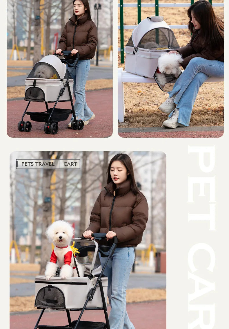Detachable Pet Stroller Frame Basket With Feeding Tray One Click Fold System Lightweight Portable For Cats Dogs Pet Carrier