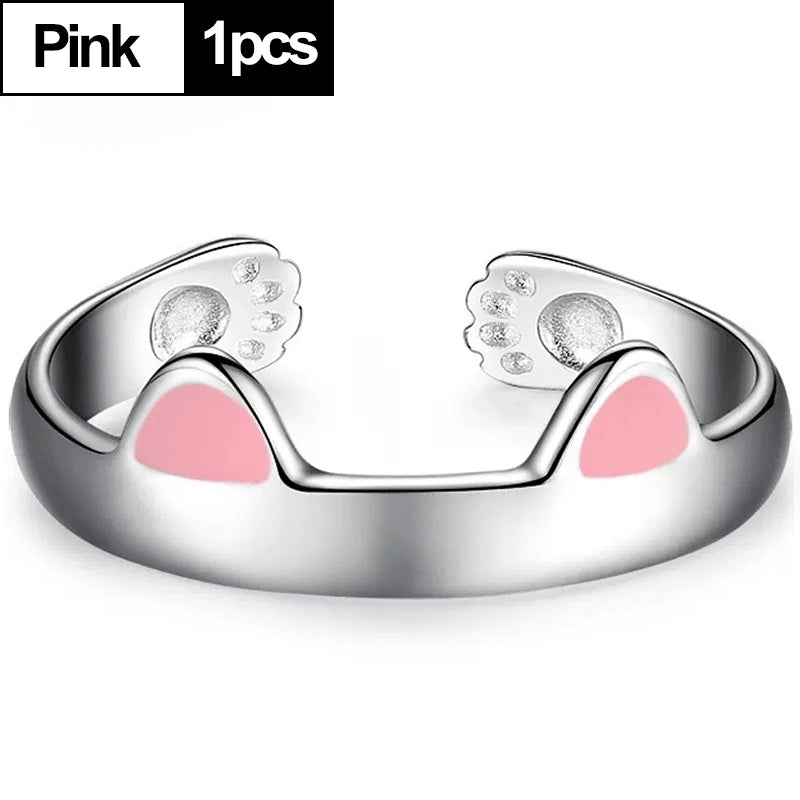 2pcs Y2K Cute Cat Paw Print Ring Women Girls Adjustable Cat Ears Paw Animal Finger Ring Couple Cartoon Little  Gift Jewelry
