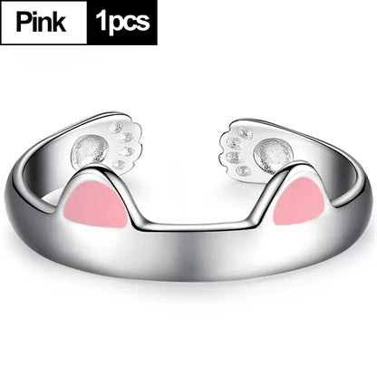 2pcs Y2K Cute Cat Paw Print Ring Women Girls Adjustable Cat Ears Paw Animal Finger Ring Couple Cartoon Little  Gift Jewelry