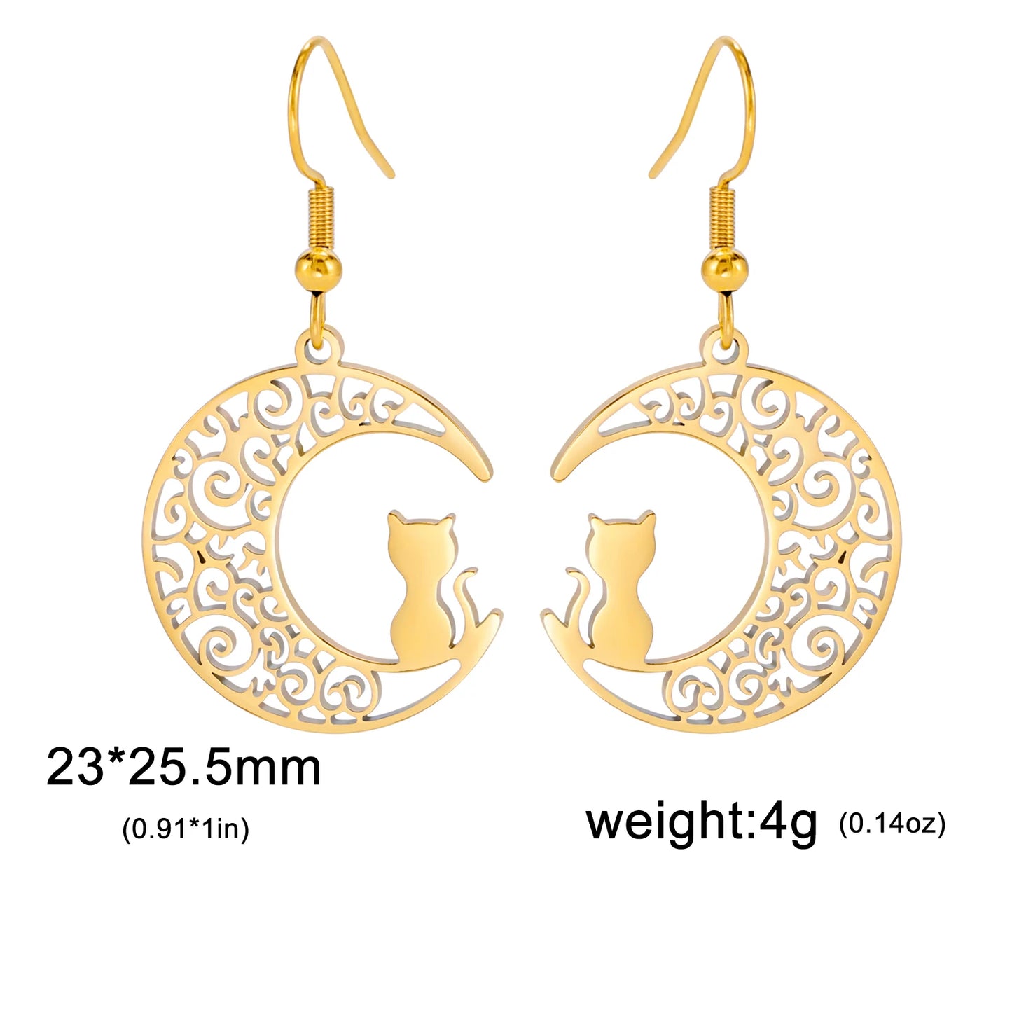Cazador Cute Cat Kitten Crescent Moon Earrings for Women 2024 Stainless Steel Filigree Drop Earrings Jewelry Birthday Gift 2024