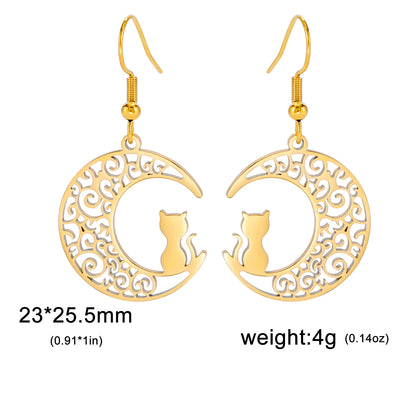 Cazador Cute Cat Kitten Crescent Moon Earrings for Women 2024 Stainless Steel Filigree Drop Earrings Jewelry Birthday Gift 2024