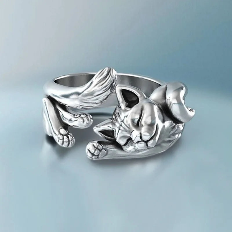 Cute Fortune Cat Shape Opening Rings For Women Silver Color Vintage Frog Toad Animal Delicate Finger Ring Girl Fashion Jewelry