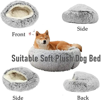 冬用ロングプラッシュペットキャットベッド ラウンドキャットクッションハウス 暖かいキャットバスケット キャットスリープバッグ キャットネストケンネル 2 in 1 小型犬 猫用