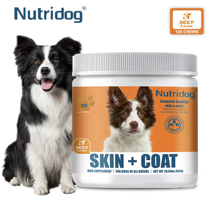Skin & Coat Supplement for Dogs with Omega 3, 9 & Vitamin E, Supports fur health，Beef Flavor -120 Soft Chews