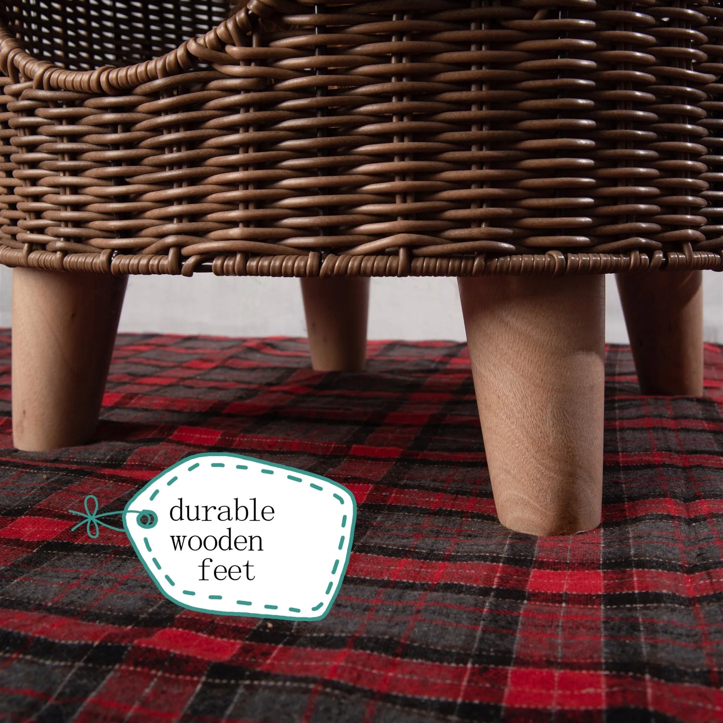 Brown Rattan Cat Cave Bed with Legs, Handwoven Pet Table