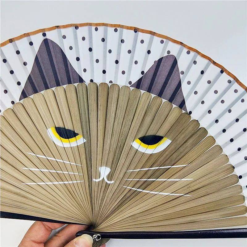 Japanese Style Cat Pattern Bamboo Folding Fan Women Lovely Cartoon Kitty Hand Fans Kimono Bathrobe Handheld Fan