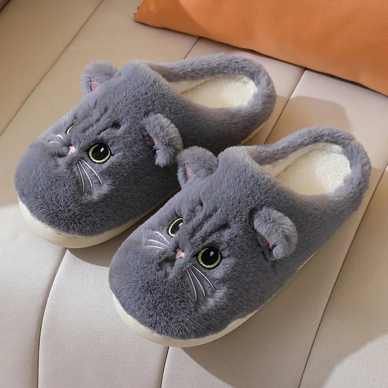 Winter Home Slippers Women Shoes Cute Cartoon Cat Slippers Men Warm Plush Slides Indoor Bedroom Non-Slip Floor Slipper