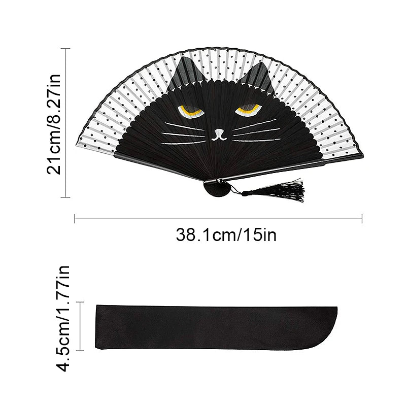 Japanese Style Cat Pattern Bamboo Folding Fan Women Lovely Cartoon Kitty Hand Fans Kimono Bathrobe Handheld Fan