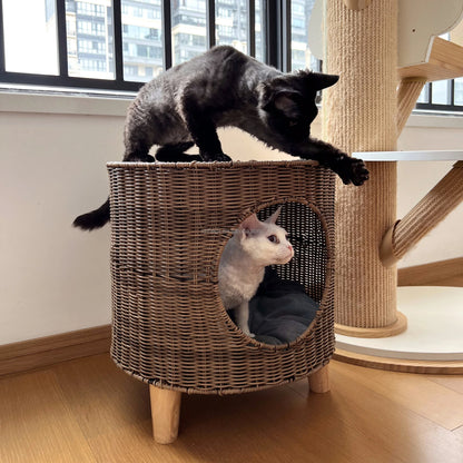 Brown Rattan Cat Cave Bed with Legs, Handwoven Pet Table