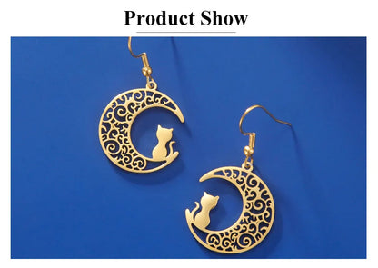 Cazador Cute Cat Kitten Crescent Moon Earrings for Women 2024 Stainless Steel Filigree Drop Earrings Jewelry Birthday Gift 2024