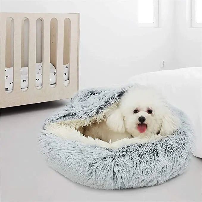 Winter Long Plush Pet Cat Bed Round Cat Cushion House  Warm Cat Basket Cat Sleep Bag Cat Nest Kennel 2 In 1 For Small Dog Cat