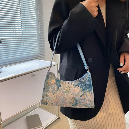 Fashion Vintage Women Oil Painting Design Shoulder Bags Ladies Simple Flower Female Armpit Hobos Bags Small Clutch Handbag Totes